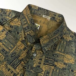 Vintage Thai Silk Mens Button Shirt Size‎ 2XL Ethnic Geometric Print Beige Green